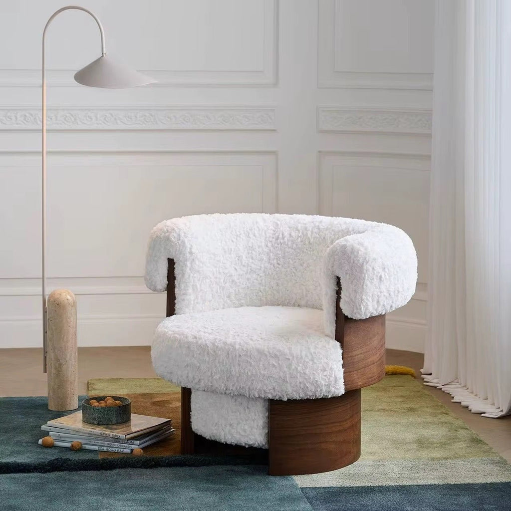 Fauteuil design en bois et tissu bouclette - Bohaé Paris